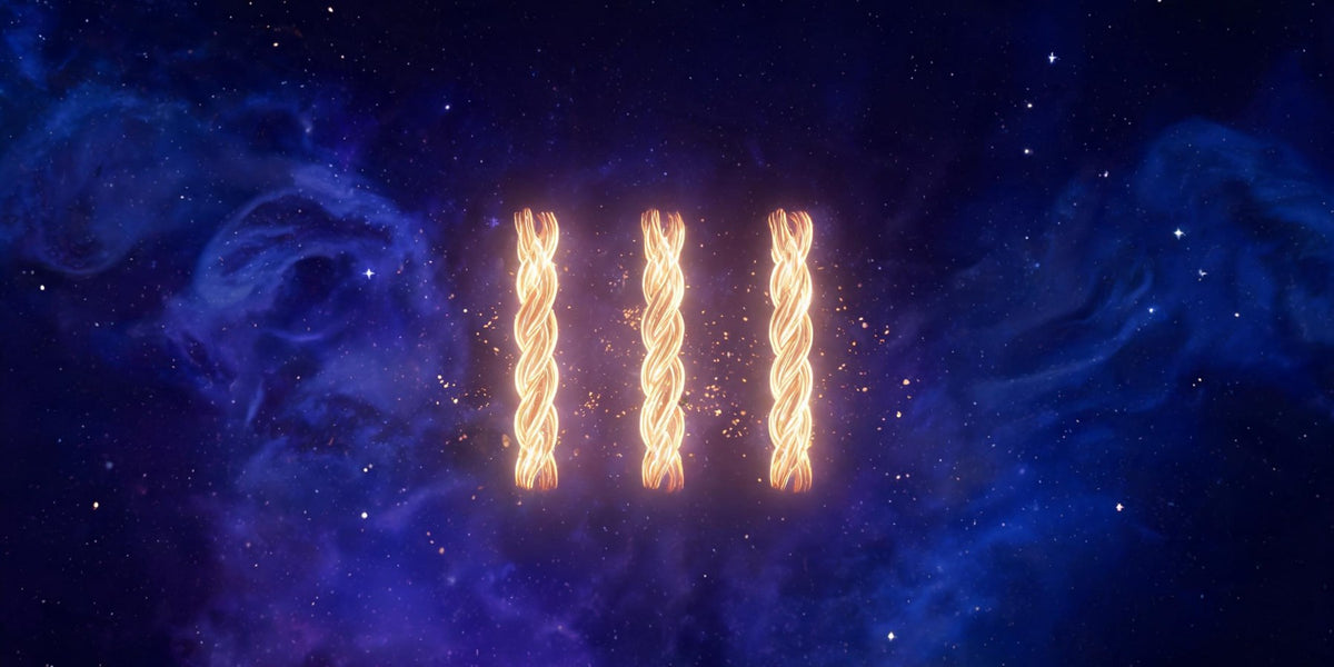Master numbers 11, 22 and 33 meaning - three braided pillars of golden light standing on a violet nebula sky