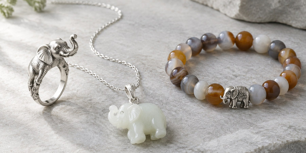 Silver elephant ring, white jade elephant pendant and agate elephant bracelet side by side