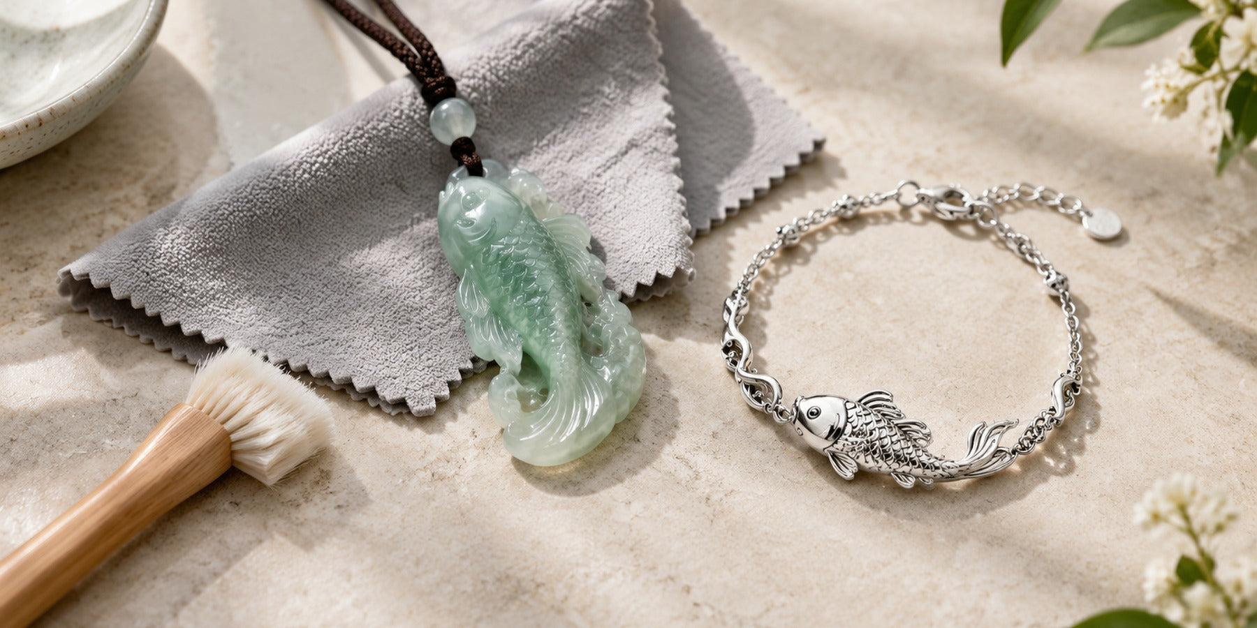 Jewelry care flat lay with a jade koi pendant, silver koi bracelet and polishing cloth