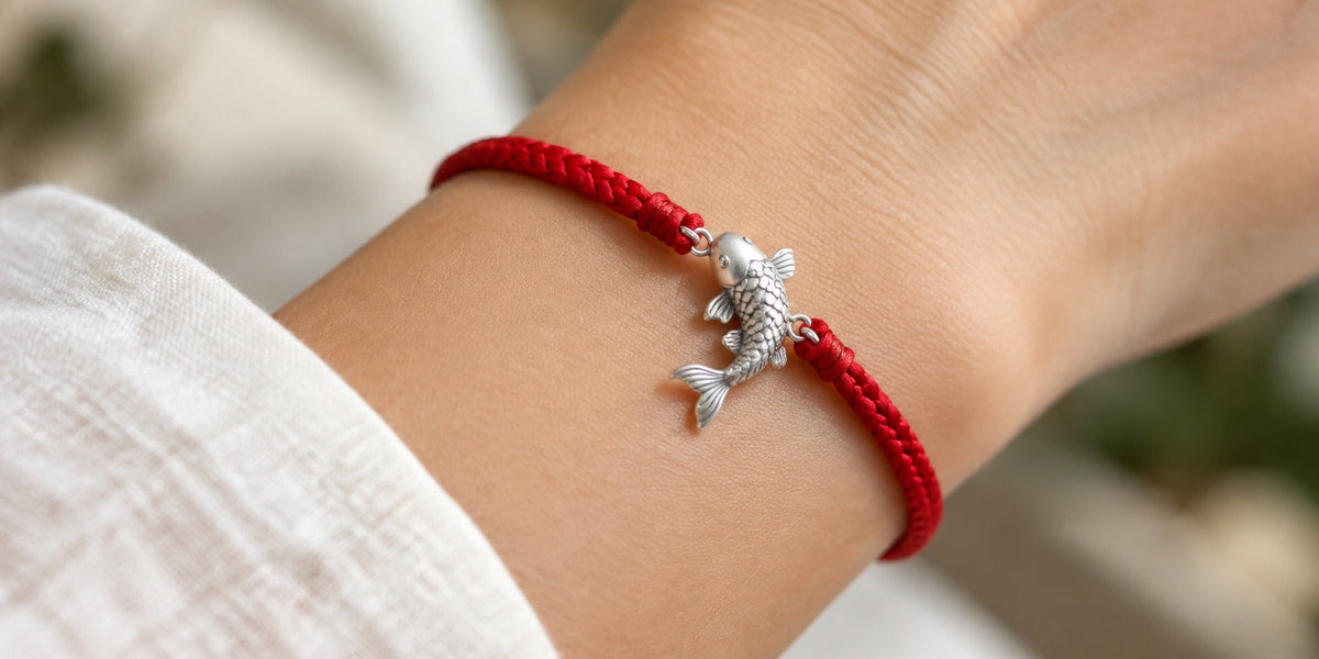 Red braided cord bracelet with a silver koi fish charm on a wrist