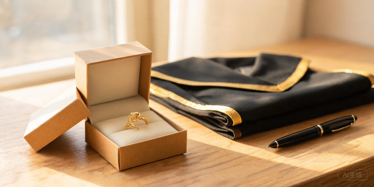 Gold koi fish ring in a gift box beside a graduation stole and pen