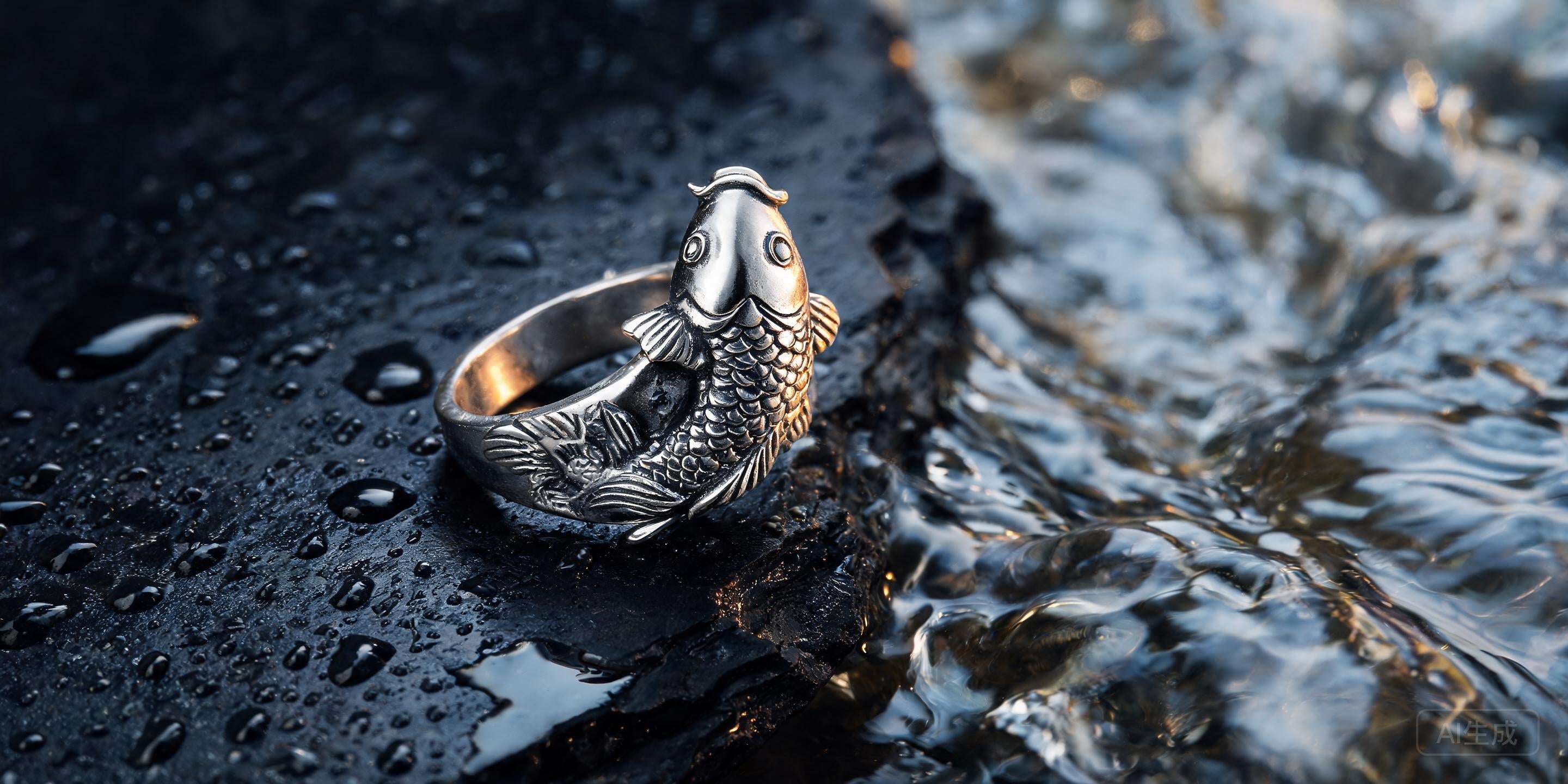Hand-carved sterling silver koi fish ring on wet slate beside flowing water