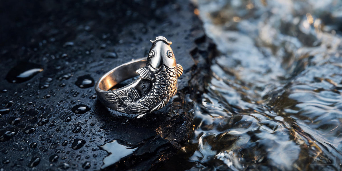 Hand-carved sterling silver koi fish ring on wet slate beside flowing water