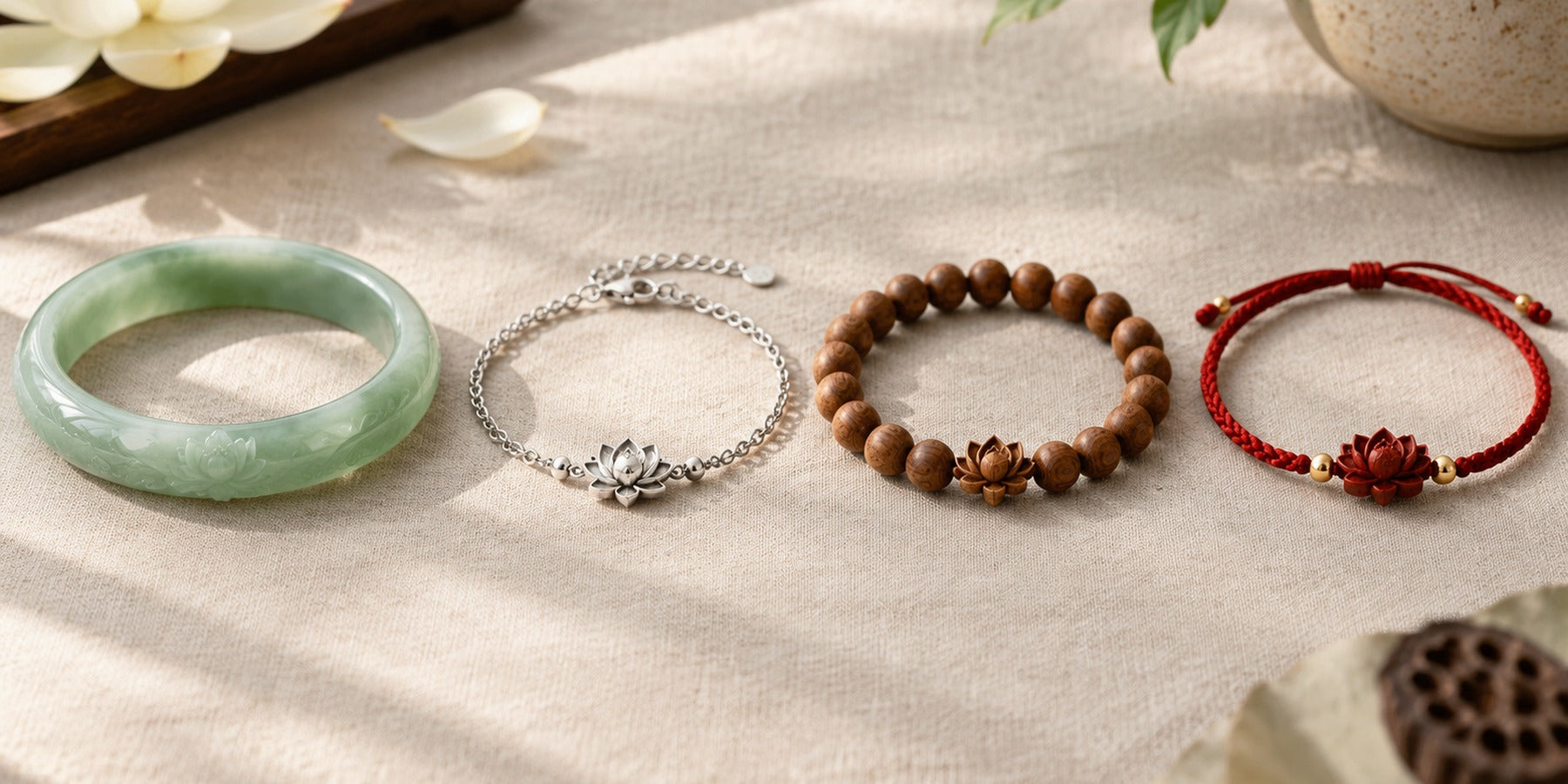 Four lotus bracelets in jade, sterling silver, sandalwood and red cord, lotus bracelet guide
