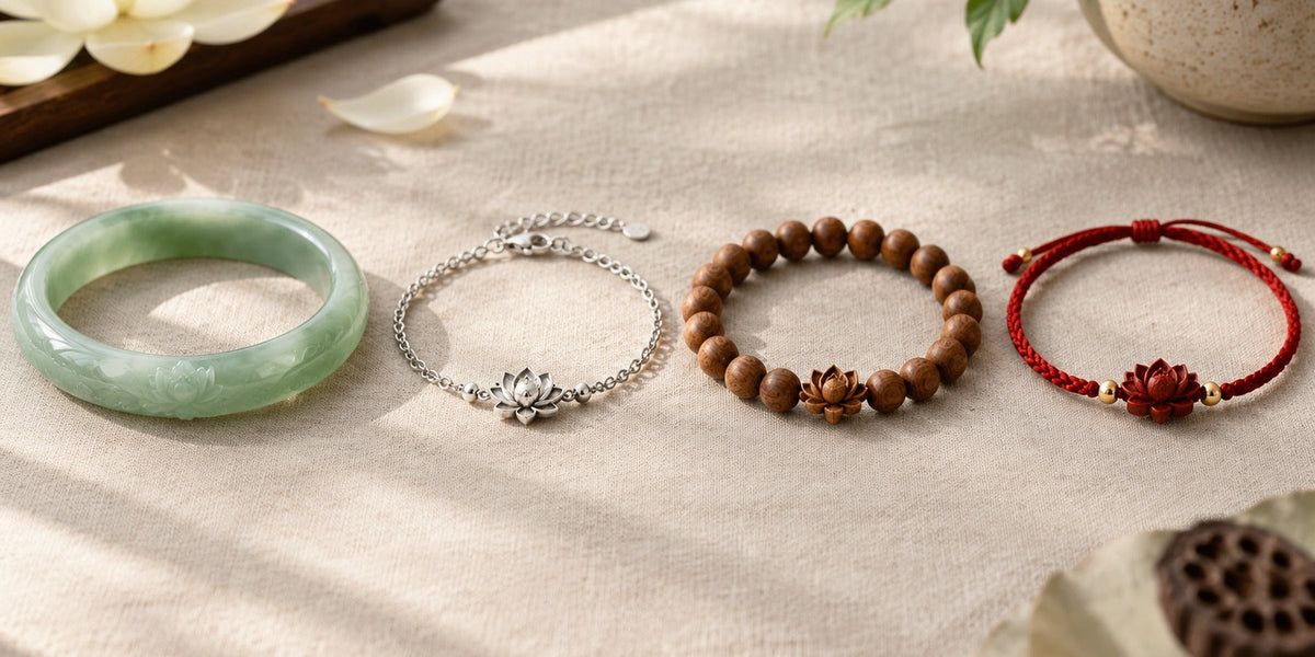 Four lotus bracelets in jade, sterling silver, sandalwood and red cord, lotus bracelet guide