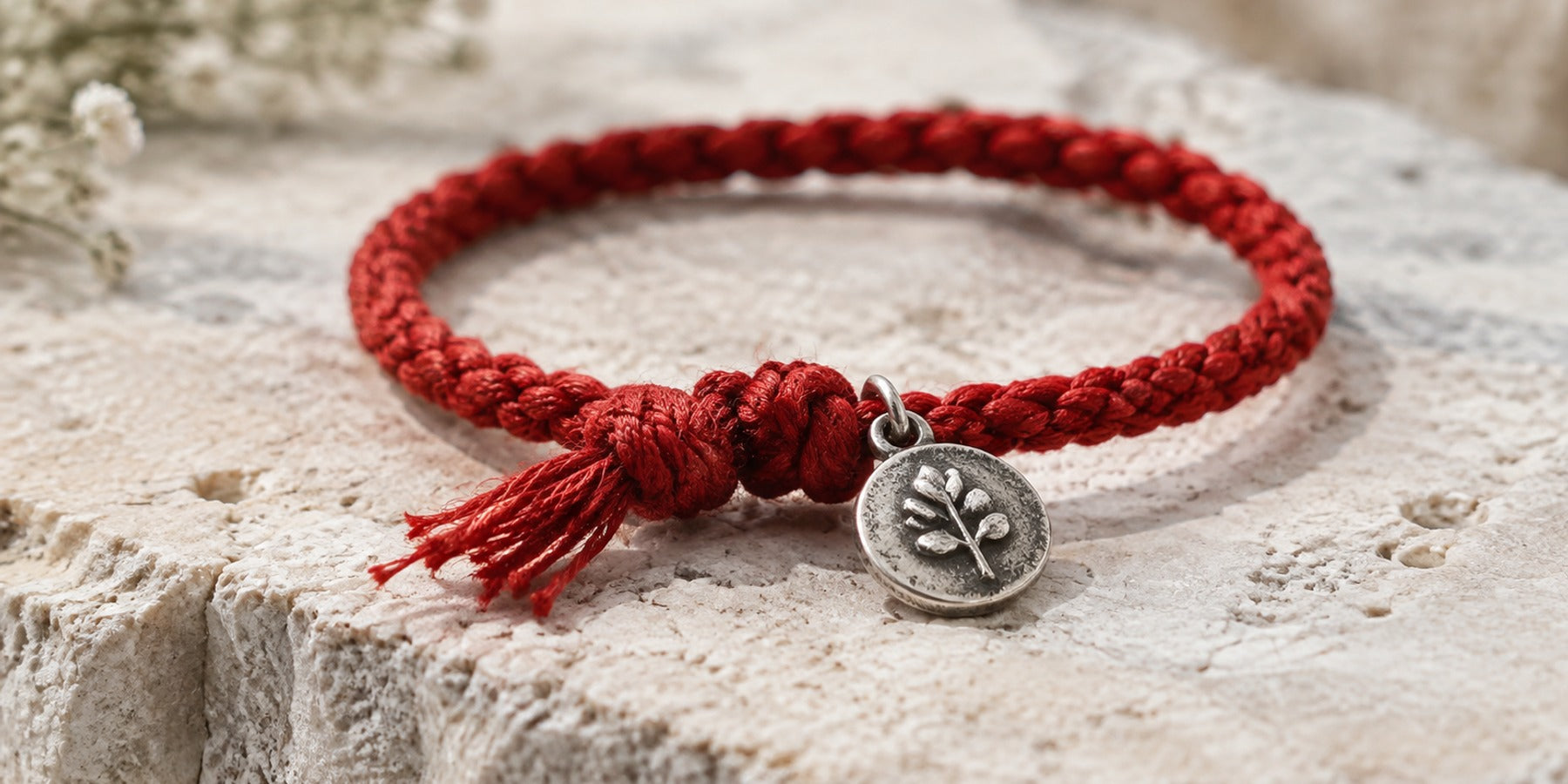 Frayed red braided cord bracelet with a tarnished silver charm