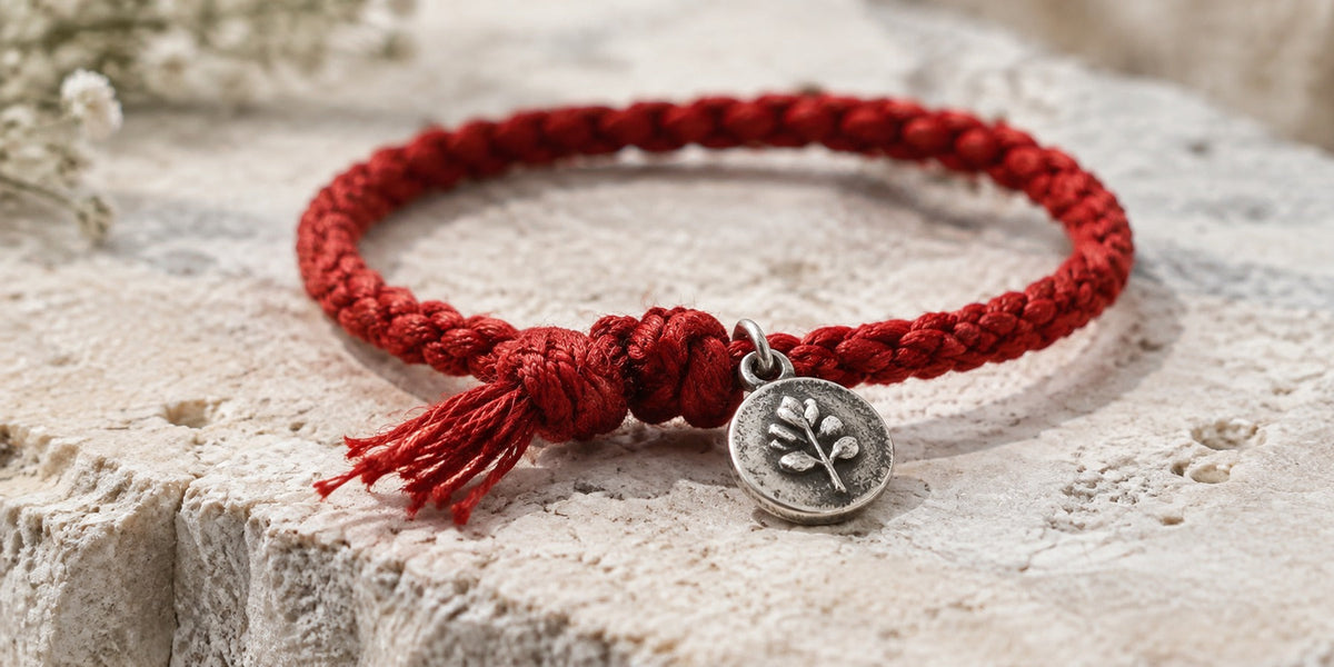 Frayed red braided cord bracelet with a tarnished silver charm