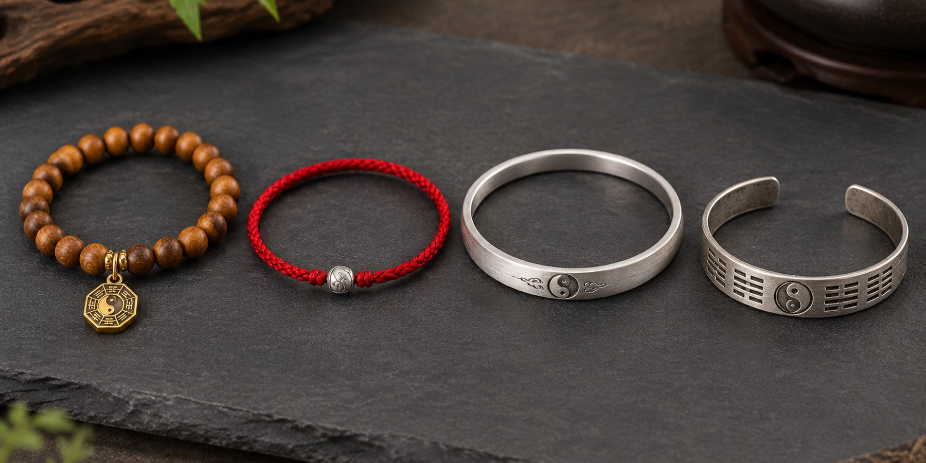 Four Taoist bracelets on dark slate: sandalwood beads, red cord, silver yin yang bangle and open bagua cuff