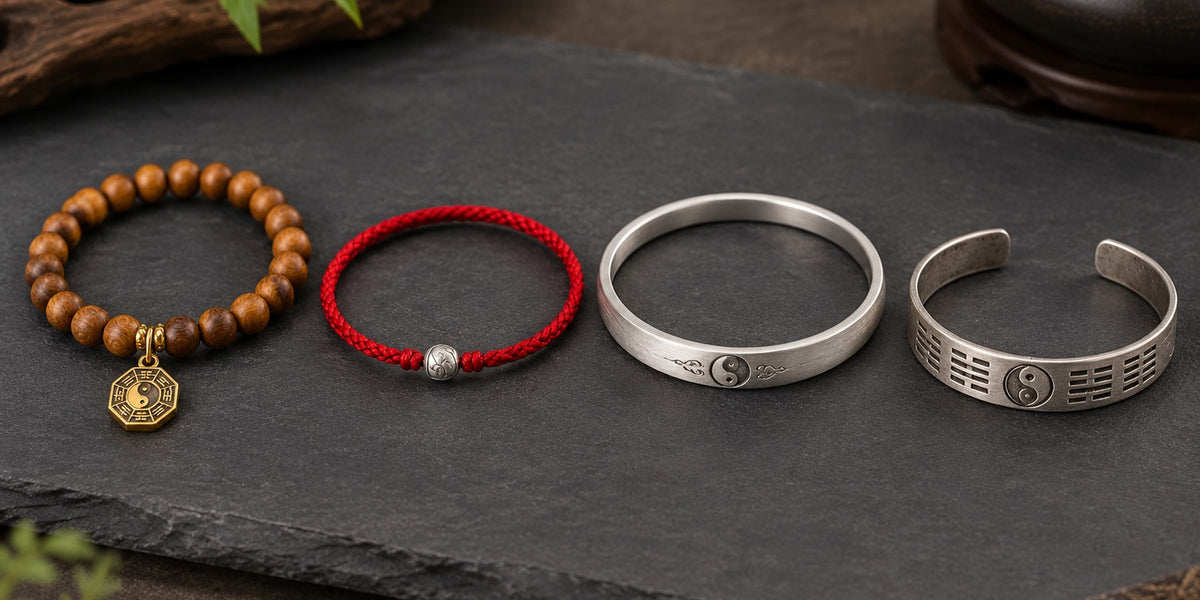 Four Taoist bracelets on dark slate: sandalwood beads, red cord, silver yin yang bangle and open bagua cuff