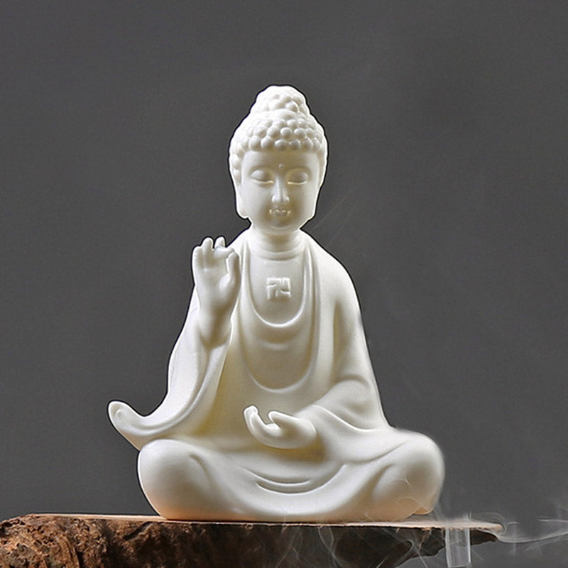 Ceramic LED Bodhisattva Decoration – white Buddha closeup, gray background, natural light, detail