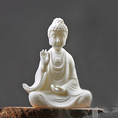 Ceramic LED Bodhisattva Decoration – white Buddha closeup, gray background, natural light, detail