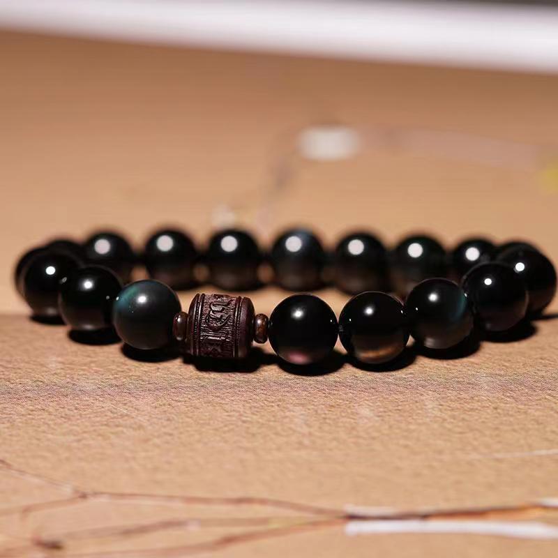 Gold Sheen & Rainbow Obsidian Fu Bracelet – white background studio shot, gemstone bead bracelet