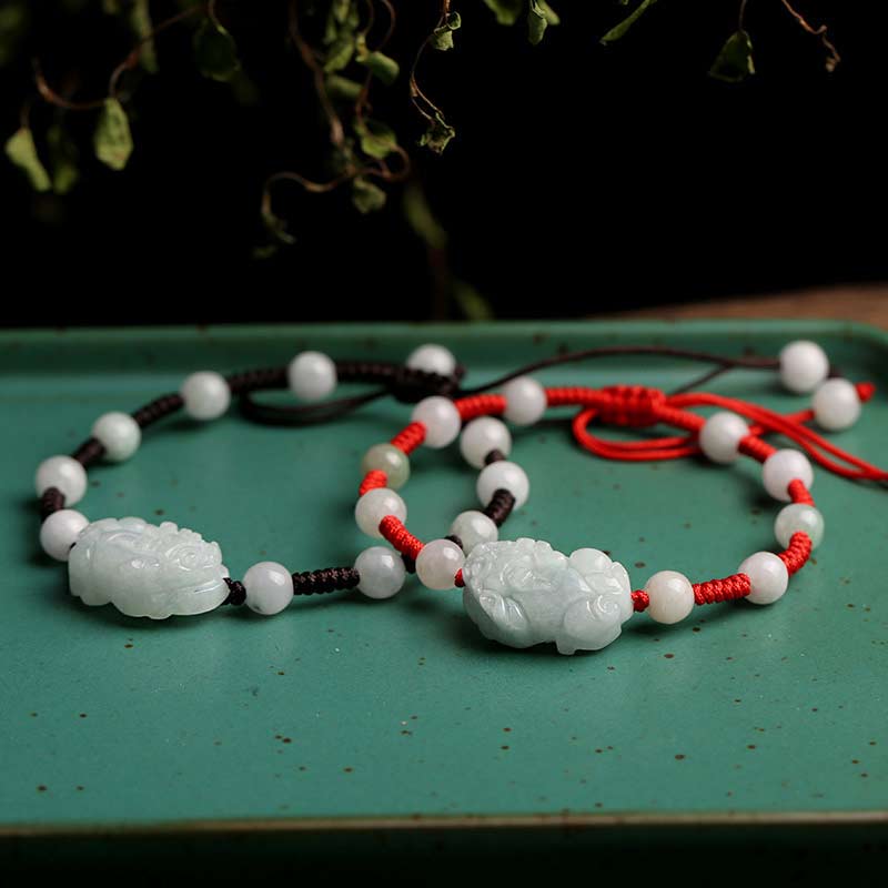 Natural Jade PiXiu Bracelet – two bracelets red brown cord jade PiXiu green tray, couple set