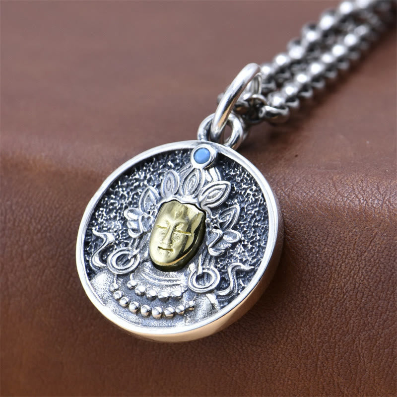 925 Sterling Silver Green Tara Necklace - Pendant on thick rolo chain brown leather background, Zen