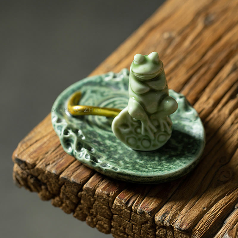 Ceramic Frog Incense Burner – On aged wood, pierced leaf edges, Organic beauty