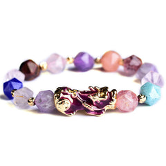 FengShui Amethyst PiXiu Luck Bracelet – faceted multicolor gemstones with purple PiXiu charm on white, peace jewelry