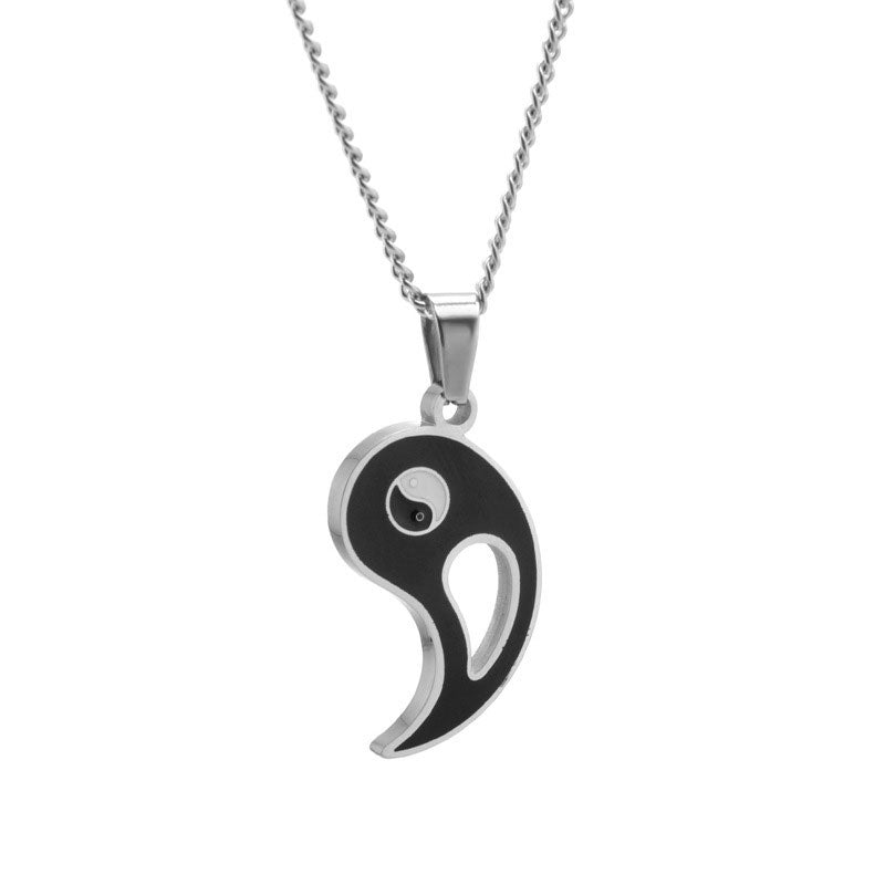 Yin Yang Pendant Couple Necklace Set - Silver pendant with black yin-yang symbol cutout on chain, stainless steel necklace