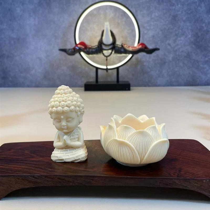 Mini Ivory Fruit Buddha Lotus Serenity Desk Decoration – Petite Buddha on lotus pedestal, spiritual desk centerpiece