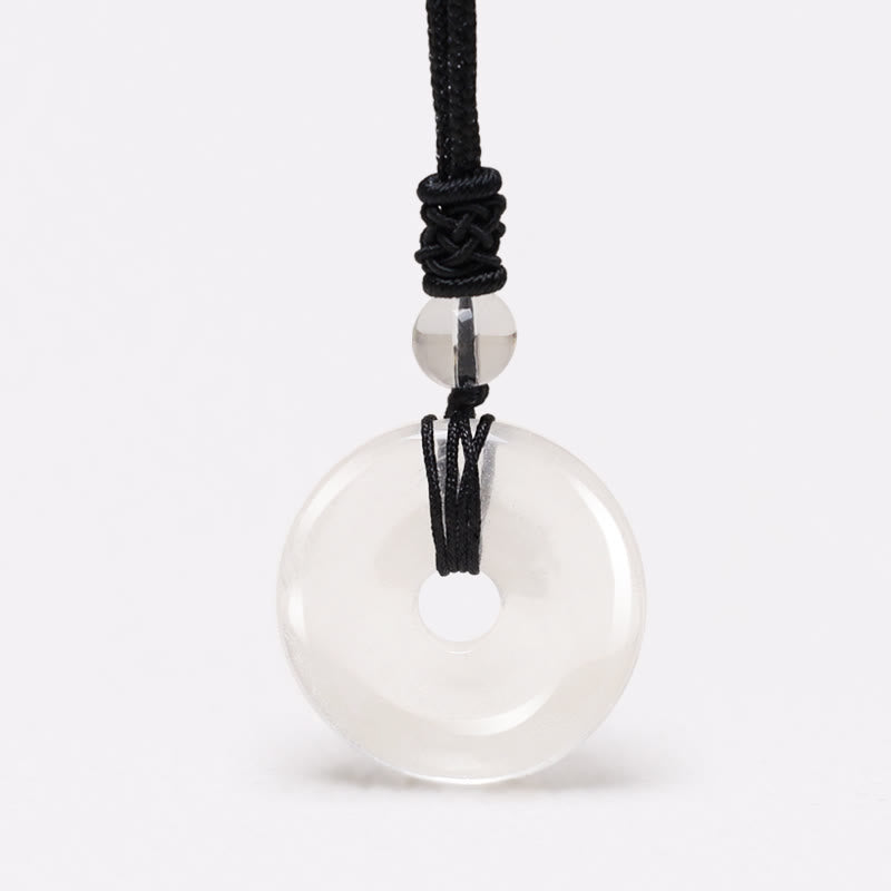 Lucky Coin Pendant Healing Crystal Gemstone Necklace – Transparent clear quartz pi disc with natural inclusions on adjustable black cord