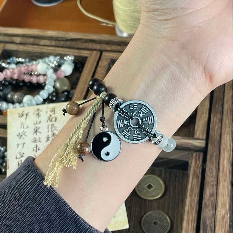 Cat's Eye Ebony Wood Yin Yang Bagua Coin Bracelet Secondary image