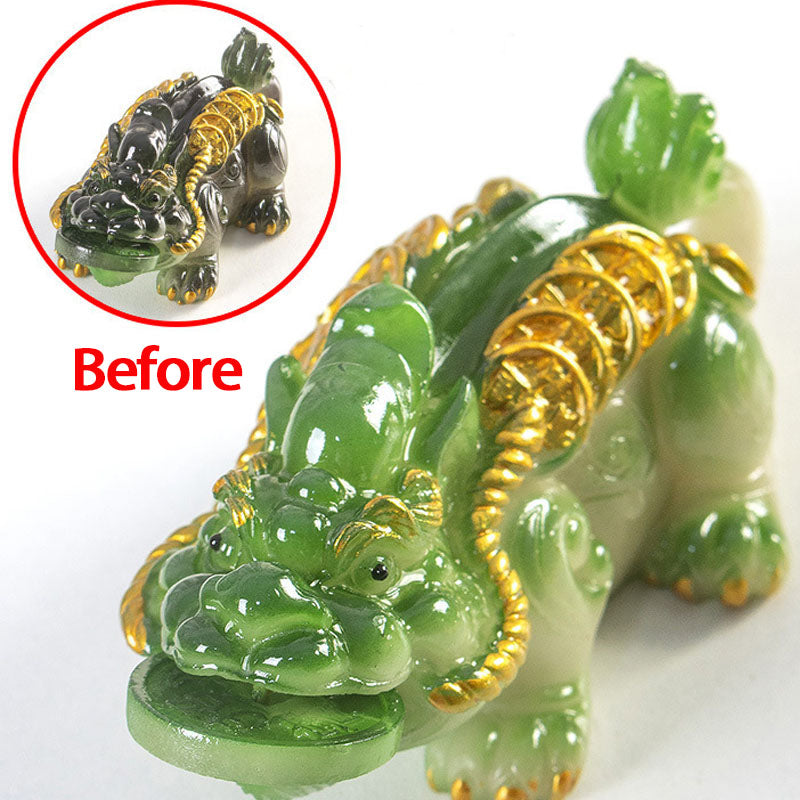 PiXiu Coin Tea Pet – Green PiXiu Before color change with dark inset, jade-like transformation