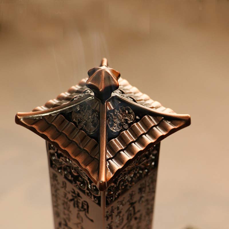 Heart Sutra Incense Burner – close-up pagoda roof with rising smoke, meditative
