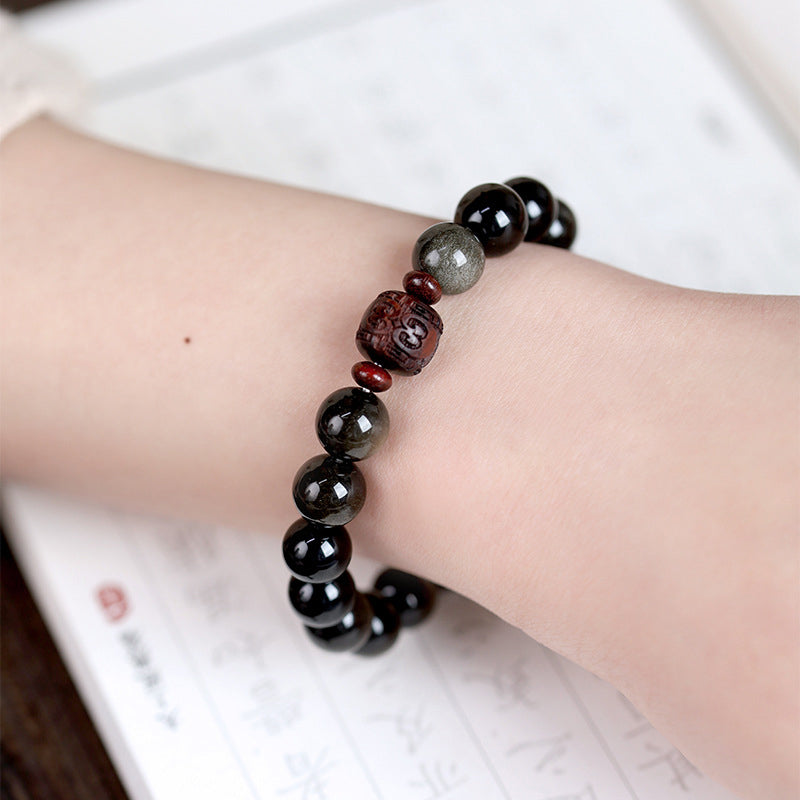 Gold Sheen & Rainbow Obsidian Fu Bracelet – 3-panel composite showing carved bead details, mens jewelry