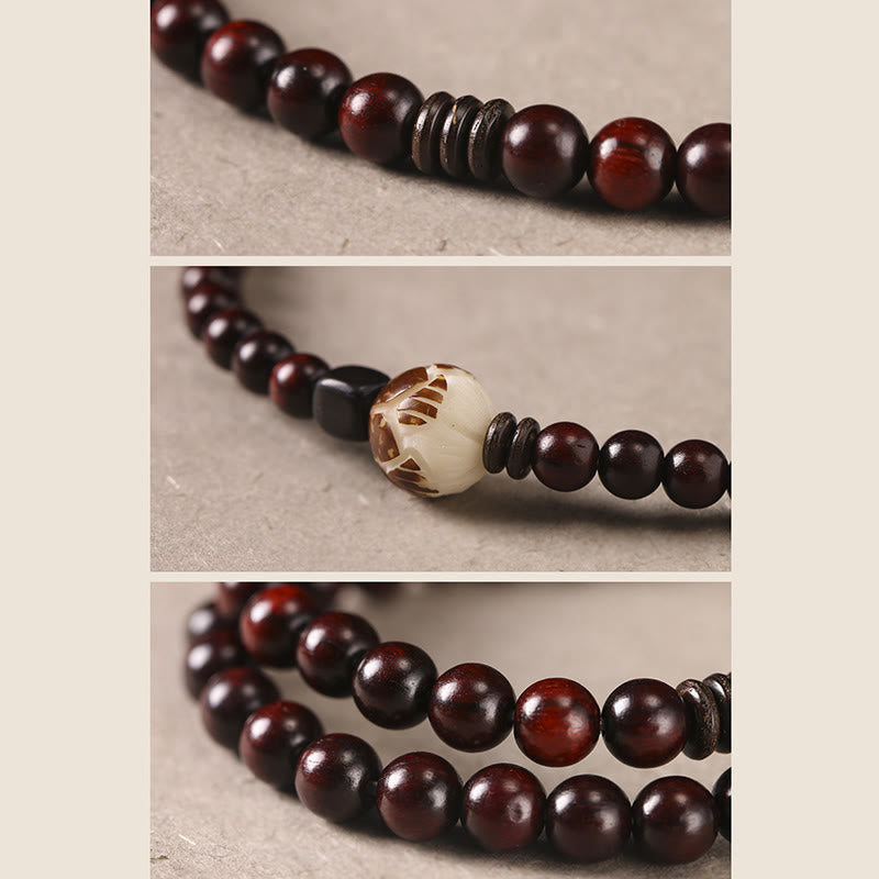 Red Sandalwood Lotus Bodhi Seed Bracelet – Three-panel view showing bead detail, lotus carving, and wrapped strand loops