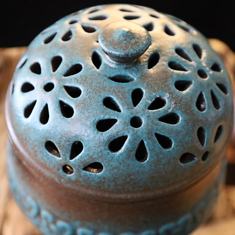 Mini Ceramic Incense Burner - Angled view of two-tone teal and brown glaze, ceramic craft