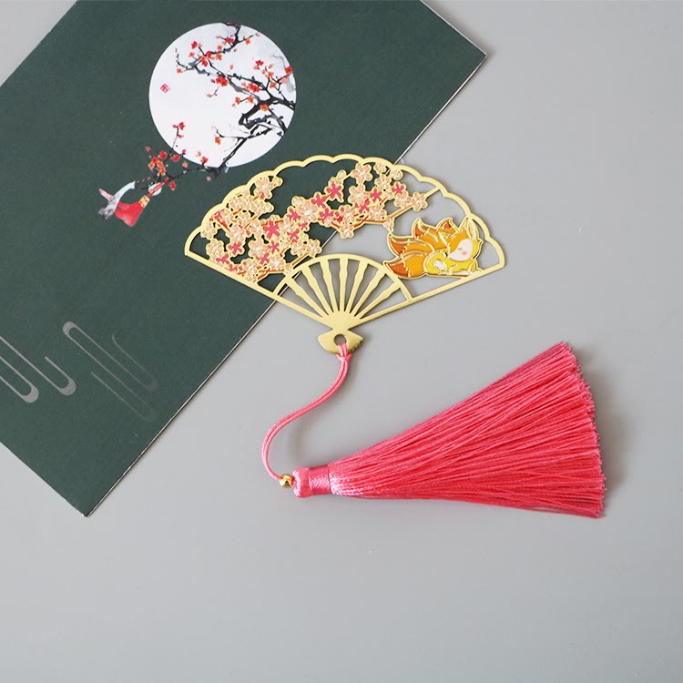 Brass Hollow Fan Bookmark - Cherry blossom and fox cutout with pink tassel, charming