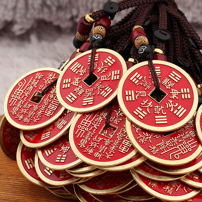 Shan Gui Keychain – multiple red coin charms piled together, gold edges, bulk display view