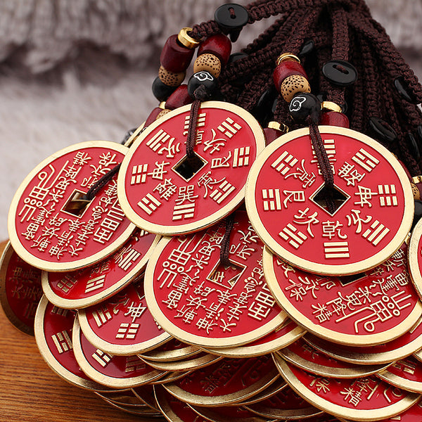 Shan Gui Keychain – multiple red coin charms piled together, gold edges, bulk display view