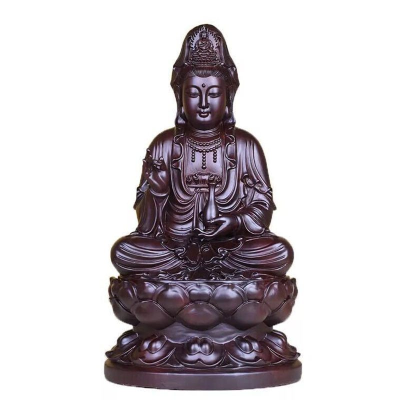 Ebony Avalokitesvara Lotus Decoration – Frontal view on white with willow branch and vase, polished dark wood Guanyin