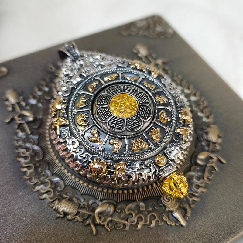 Zodiac Buddha Thangka Wealth Rotatable Pendant – angled closeup of silver relief border and golden Bagua center, detail