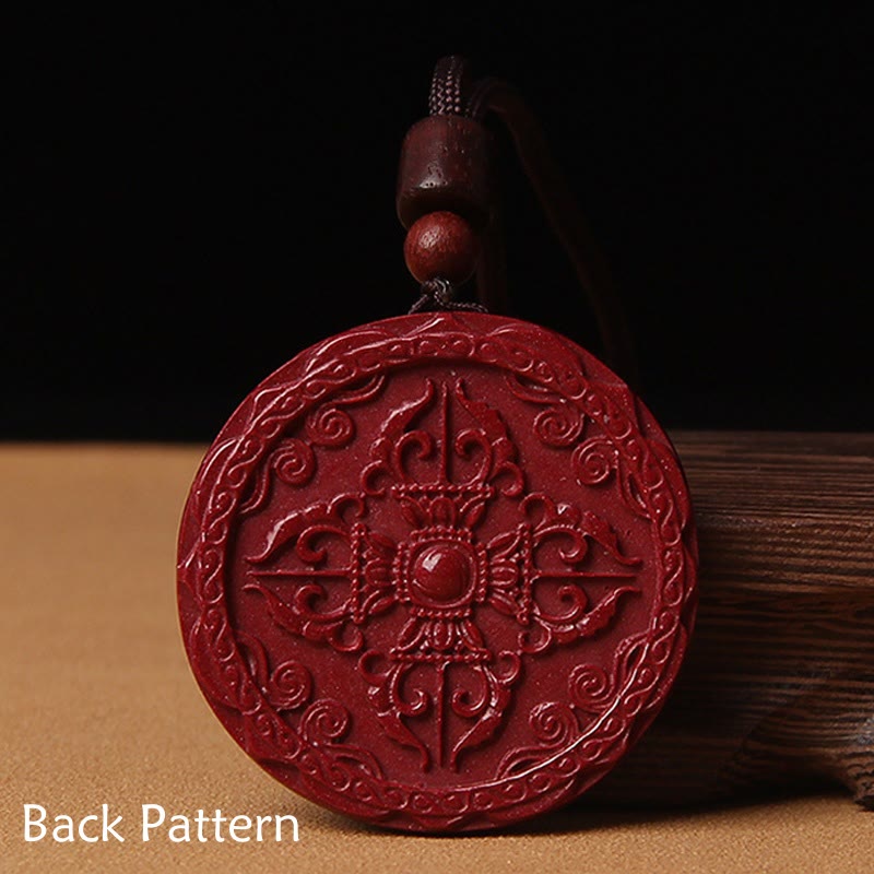Cinnabar Om Mani Padme Hum Lotus Necklace – back with double vajra and ruyi cloud border, peaceful