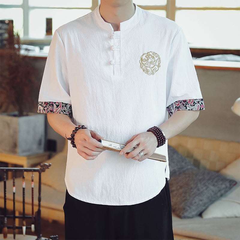 Dragon Embroidery Frog-Button Linen Tang Suit Shirt - White shirt with gold chest embroidery, classic