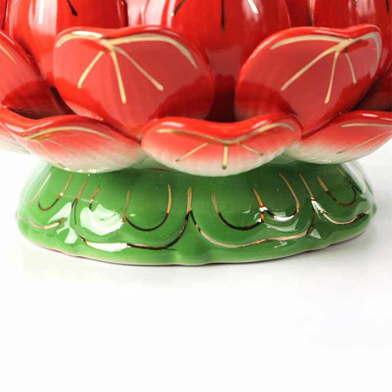 Lotus Candle Holder – Red ceramic lotus close-up with gold petal veins, altar devotion