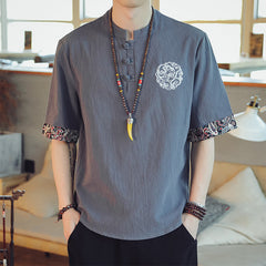 Dragon Embroidery Frog-Button Linen Tang Suit Shirt - Slate gray front with white embroidery, elegant