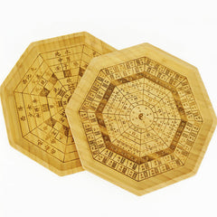 Feng Shui Bamboo Bagua Map – Two octagonal discs with bagua and luopan engravings, feng shui