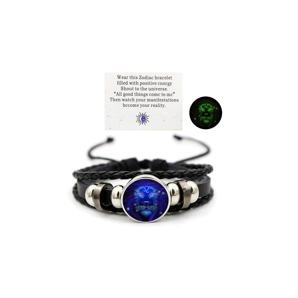 Zodiac Leather Wrap Bracelet – Leo with glow-in-the-dark lion charm and manifestation energy card