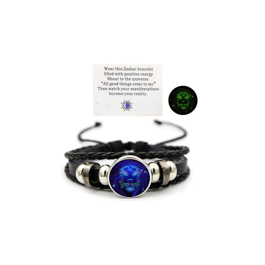 Zodiac Leather Wrap Bracelet – Leo with glow-in-the-dark lion charm and manifestation energy card