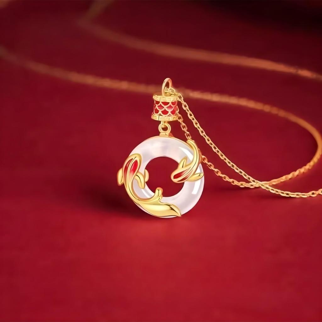 Koi Peace Necklace – gold chain with white jade disc and koi fish charm on red backdrop, minimalist luck jewelry