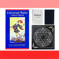 Universal Waite Tarot Set – Deck box guide book black pouch and hexagram spread cloth on coral background, tarot kit