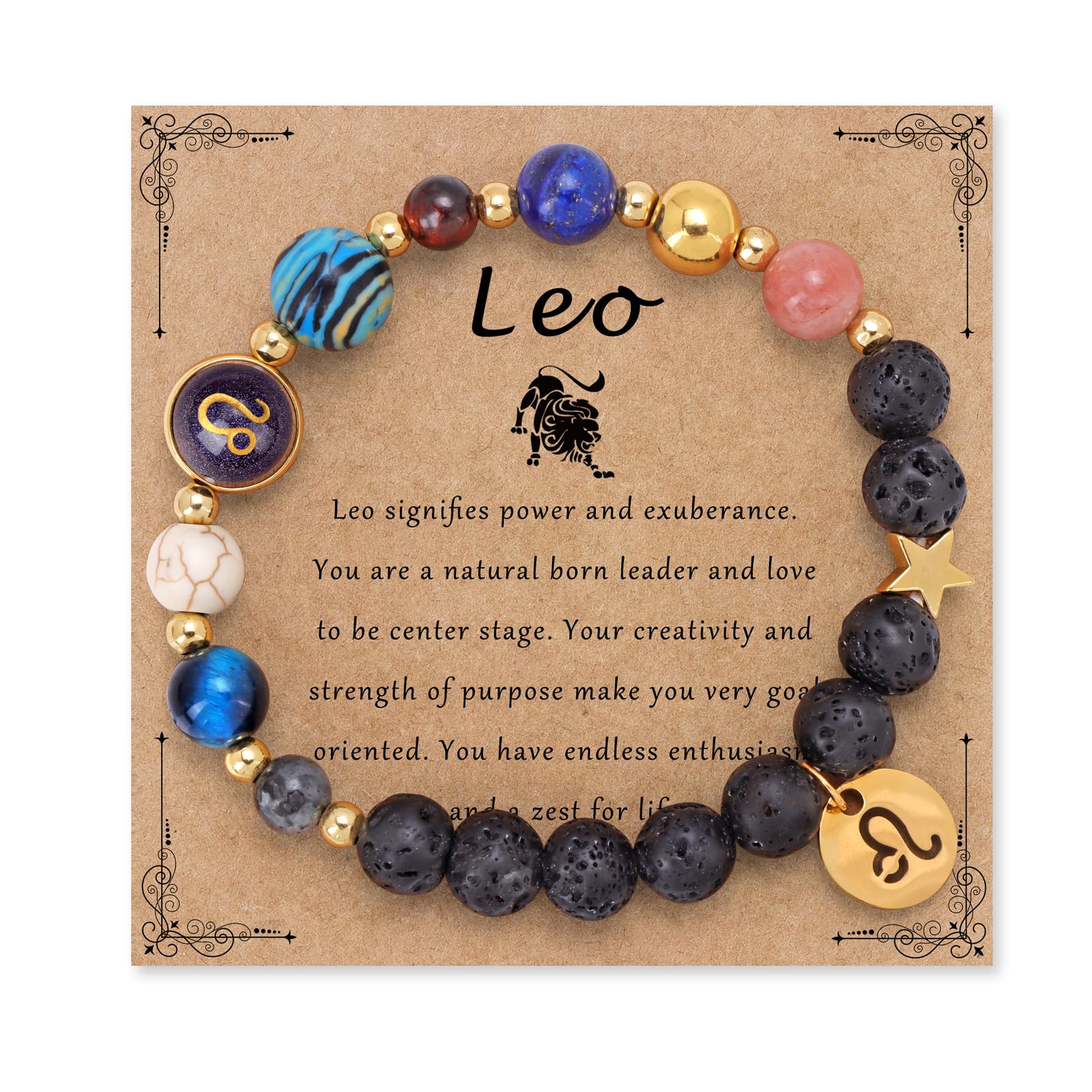 Zodiac Crystal Beaded Bracelet – Leo on kraft card with healing crystals and volcanic lava stones