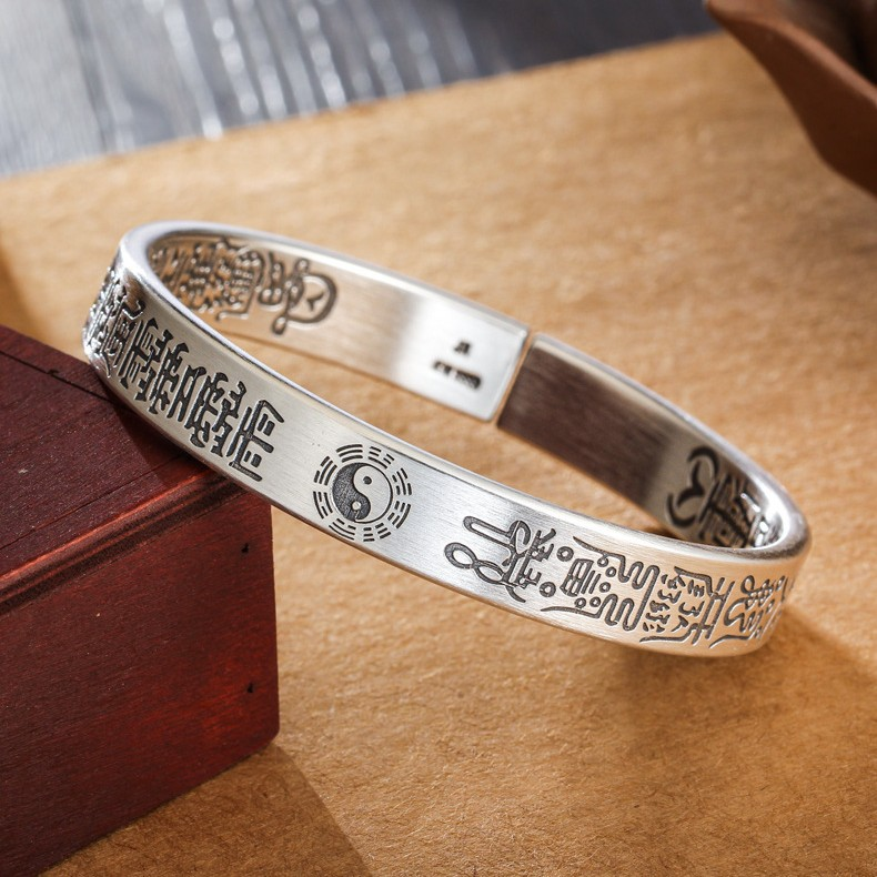 Antique Tai Chi Bracelet – silver cuff with engraved talisman and yin-yang symbol on wood block, balance protection