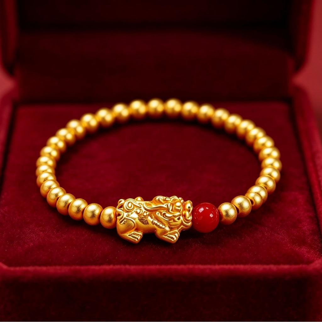 Gold-Plated Pixiu & Red Bead Stretch Bracelet