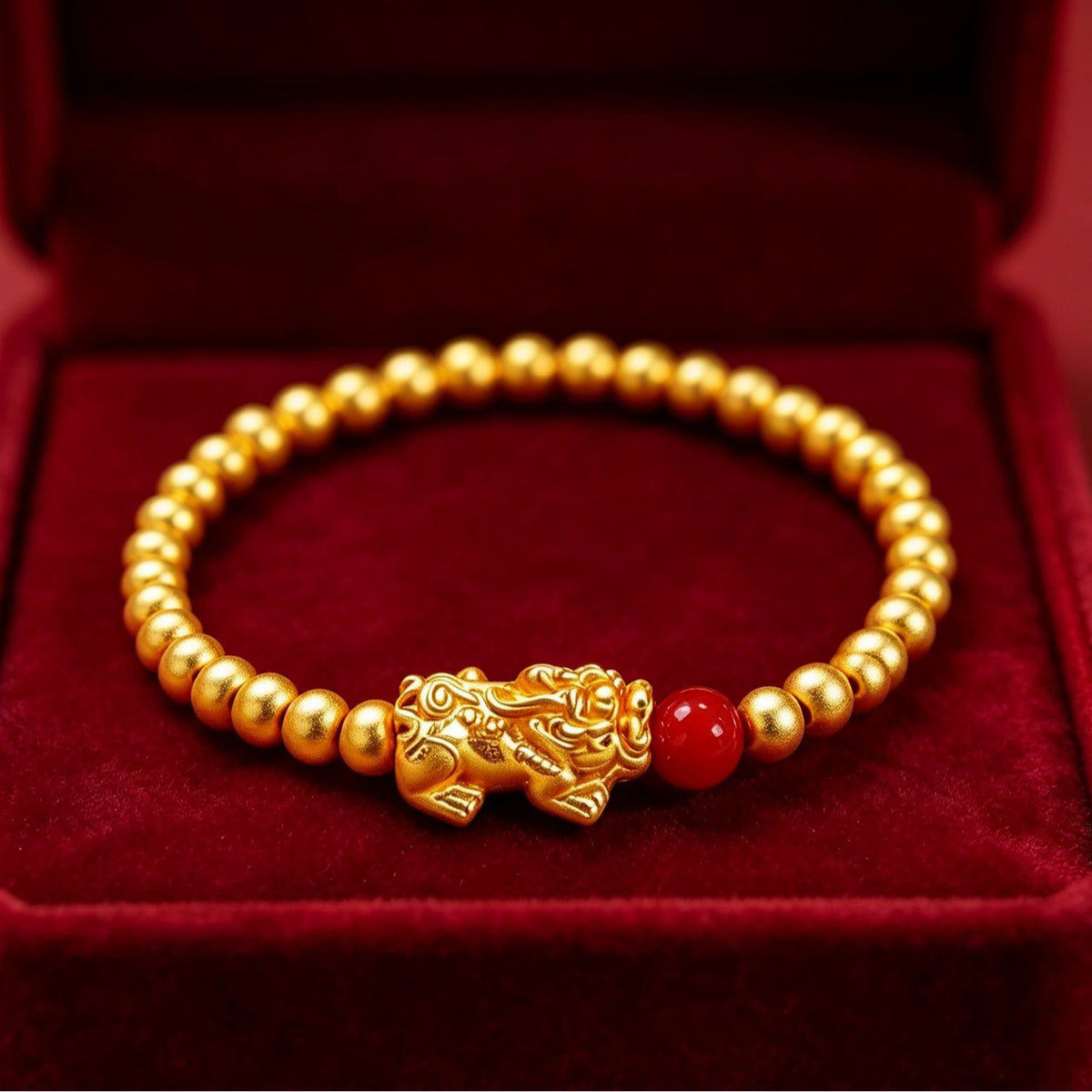 Gold-Plated Pixiu & Red Bead Stretch Bracelet