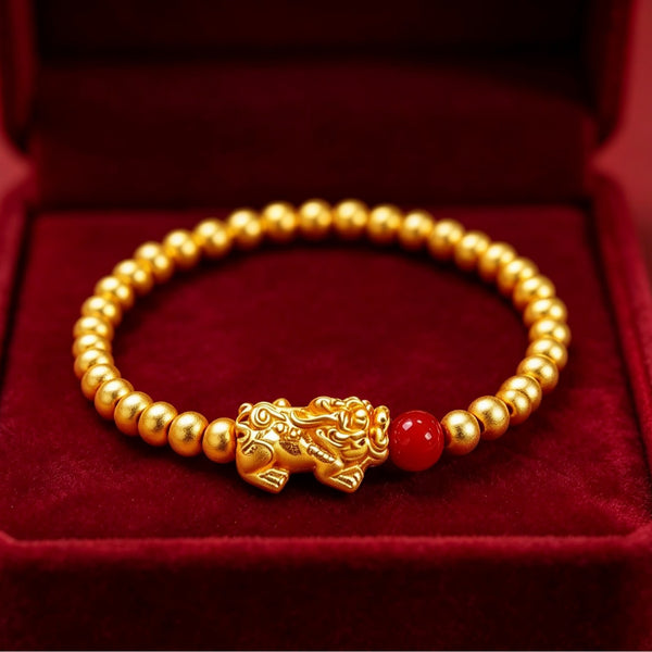 Gold-Plated Pixiu & Red Bead Stretch Bracelet