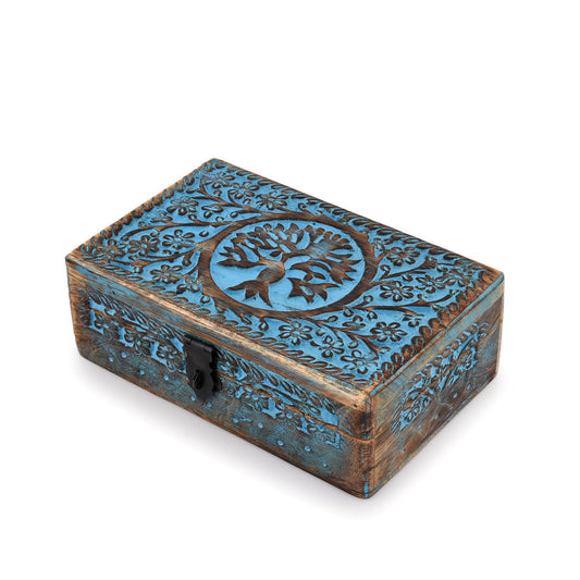 Tree of Life Wooden Jewelry Box – 45-degree view of turquoise carved lid with metal clasp, vintage boho