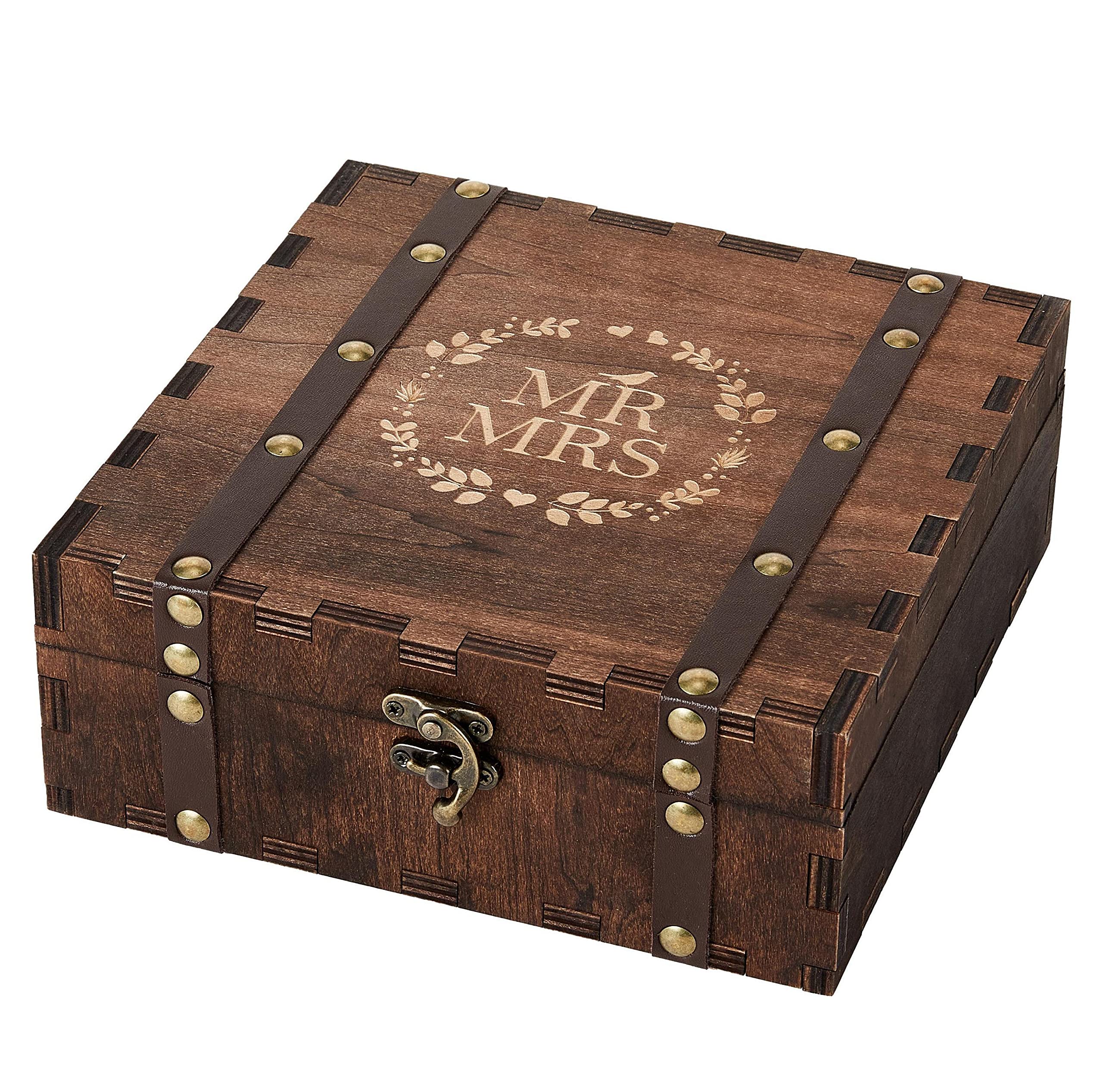 Mr Mrs Wooden Keepsake Box – 45-degree view of engraved lid with laurel wreath and leather straps, vintage